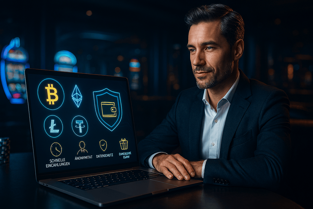 Ein stilvoller Mann sitzt entspannt vor einem hochwertigen Laptop in einer eleganten Umgebung mit blauen und goldenen Neonlichtern. Auf dem Bildschirm sind Symbole für Bitcoin, Ethereum, Litecoin und USDT sowie Hinweise auf schnelle Einzahlungen, Anonymität, Datenschutz und exklusive Boni sichtbar. Im Hintergrund eine dezente Casino-Atmosphäre mit unscharfen Spielautomaten und Pokerchips. Die Szene vermittelt Luxus, Vertrauen und Innovation im Bereich krypto casinos und bitcoin casinos.