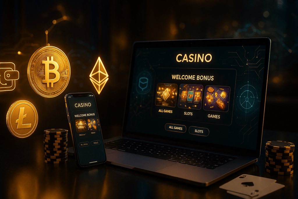 Fotorealistisches Hero-Bild zu krypto casinos und bitcoin casinos in Deutschland 2026, modernes luxuriöses Online-Casino mit dunkler eleganter Atmosphäre, goldene und neonfarbene Lichteffekte, Laptop und Smartphone mit Casino-Oberfläche, schwebende Bitcoin-, Ethereum- und Litecoin-Symbole, digitale Wallet-Elemente und futuristische Blockchain-Visuals im Hintergrund, Pokerchips und Spielkarten als dezente Casino-Details, hochwertige Darstellung von Sicherheit und schnellen Transaktionen.